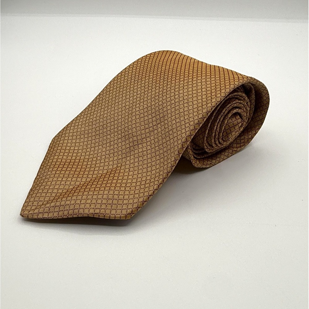 Brooks Basics Tie Mens Gold Pure Silk Geometric Check Made In USA Classic